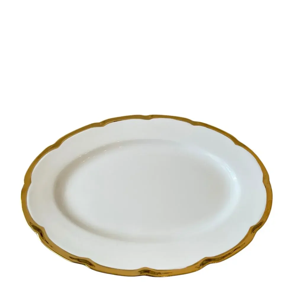 Yedi White Oval Serving Platter 14in Ceramic Gold Rim New